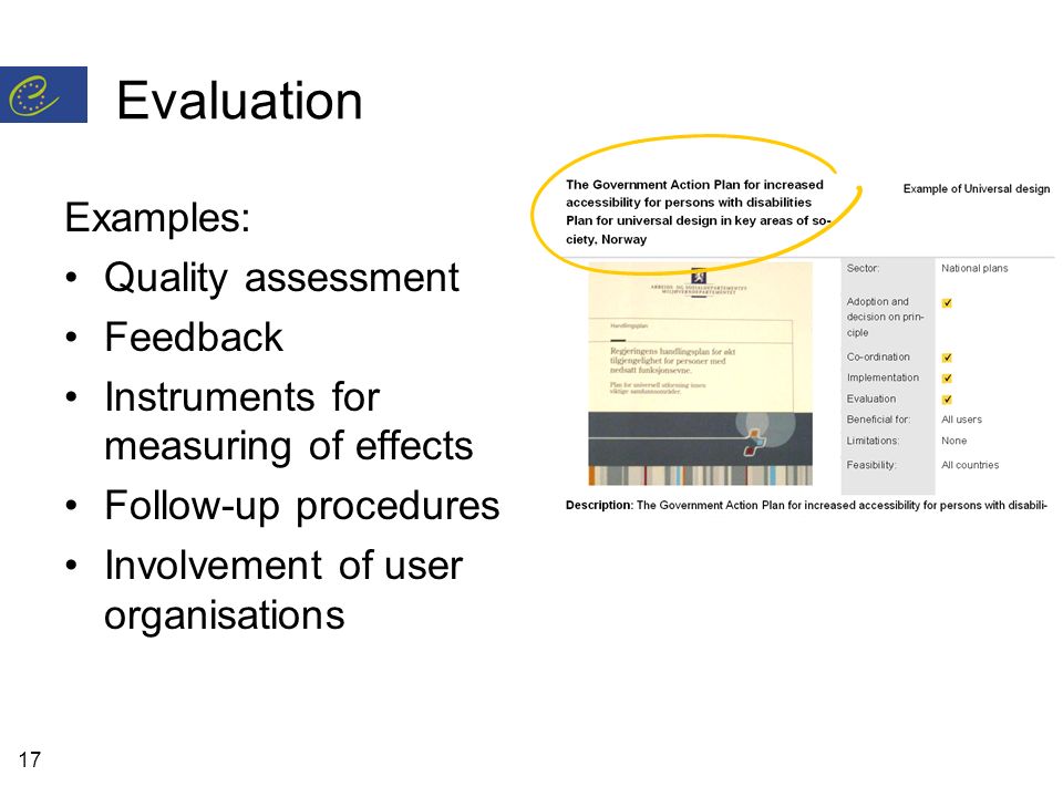 17 Evaluation Examples: Quality assessment Feedback Instruments for measuring of effects Follow-up procedures Involvement of user organisations