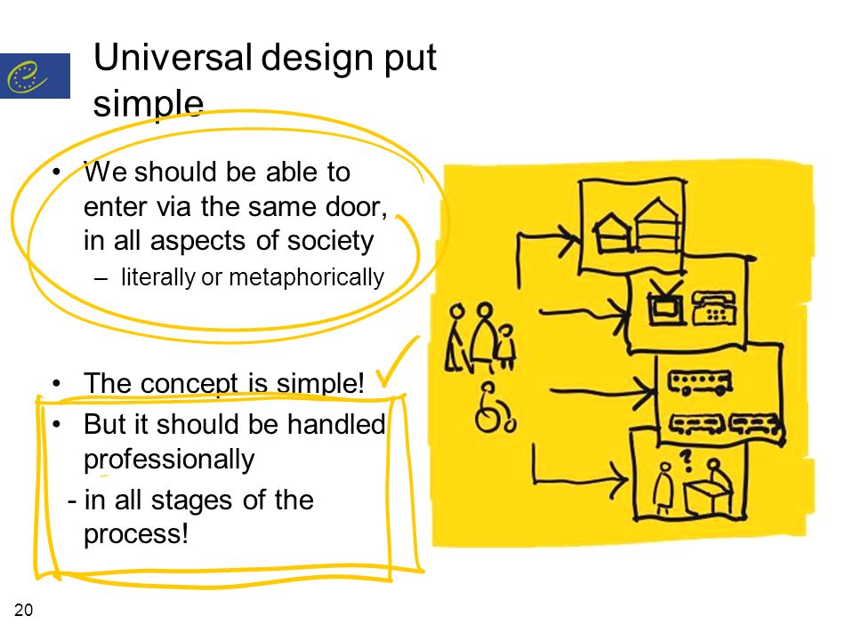 20 Universal design put simple We should be able to enter via the same door, in all aspects of society –literally or metaphorically The concept is simple.