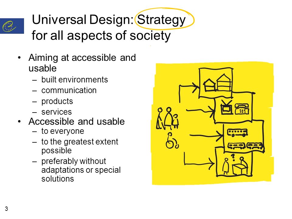 3 Universal Design: Strategy for all aspects of society Aiming at accessible and usable –built environments –communication –products –services Accessible and usable –to everyone –to the greatest extent possible –preferably without adaptations or special solutions