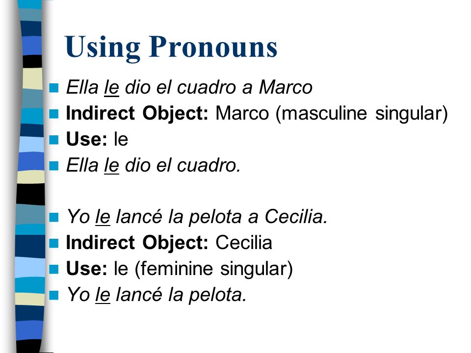 Using Pronouns Ella le dio el cuadro a Marco Indirect Object: Marco (masculine singular) Use: le Ella le dio el cuadro.