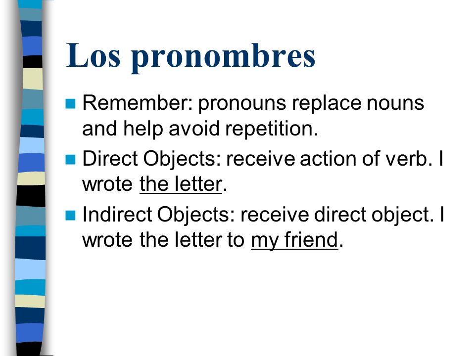 Los pronombres Remember: pronouns replace nouns and help avoid repetition.
