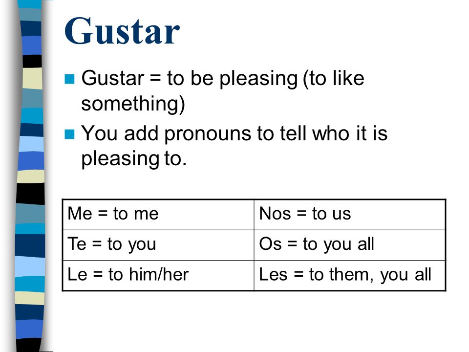 Gustar Gustar = to be pleasing (to like something) You add pronouns to tell who it is pleasing to.