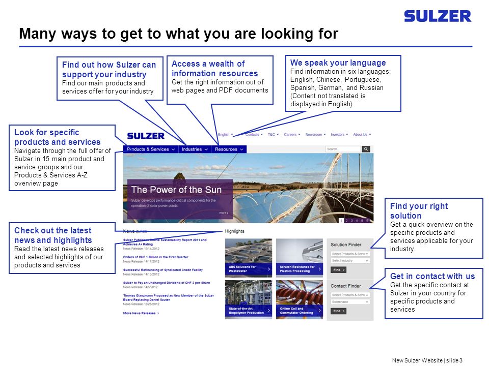 New Sulzer Website | slide 3 Many ways to get to what you are looking for We speak your language Find information in six languages: English, Chinese, Portuguese, Spanish, German, and Russian (Content not translated is displayed in English) Look for specific products and services Navigate through the full offer of Sulzer in 15 main product and service groups and our Products & Services A-Z overview page Find out how Sulzer can support your industry Find our main products and services offer for your industry Find your right solution Get a quick overview on the specific products and services applicable for your industry Access a wealth of information resources Get the right information out of web pages and PDF documents Get in contact with us Get the specific contact at Sulzer in your country for specific products and services Check out the latest news and highlights Read the latest news releases and selected highlights of our products and services