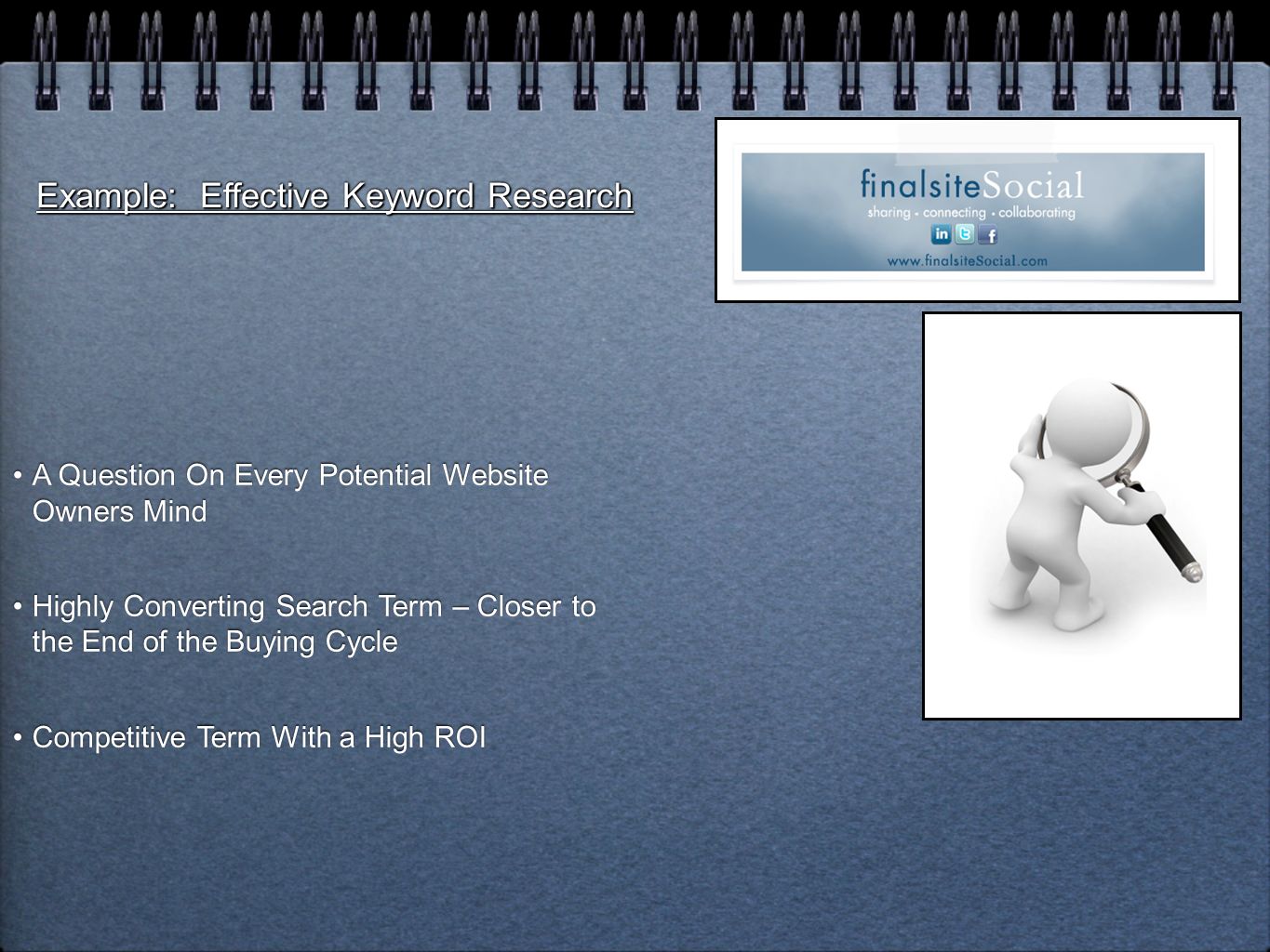 Example: Effective Keyword Research A Question On Every Potential Website Owners Mind Highly Converting Search Term – Closer to the End of the Buying Cycle Competitive Term With a High ROI A Question On Every Potential Website Owners Mind Highly Converting Search Term – Closer to the End of the Buying Cycle Competitive Term With a High ROI