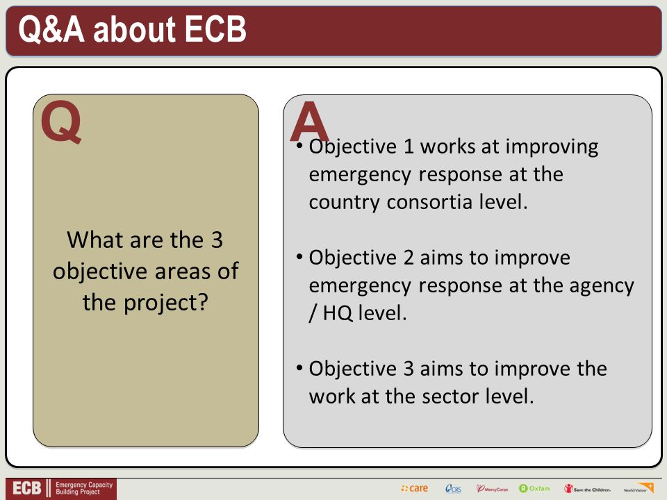 Q&A about ECB . What are the 3 objective areas of the project.