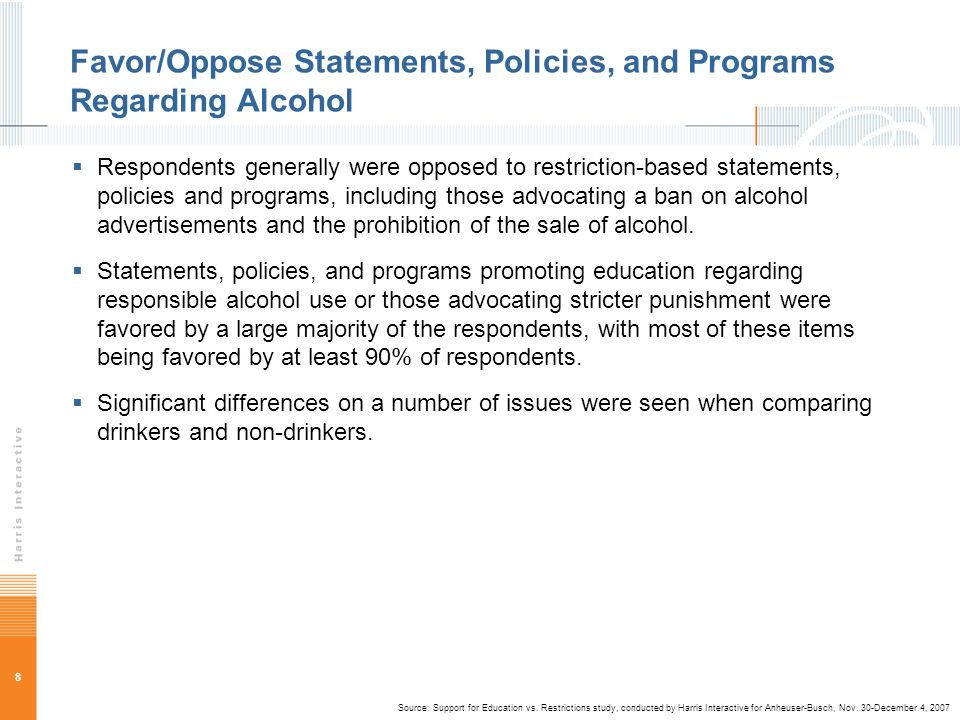 8 Favor/Oppose Statements, Policies, and Programs Regarding Alcohol 8 Respondents generally were opposed to restriction-based statements, policies and programs, including those advocating a ban on alcohol advertisements and the prohibition of the sale of alcohol.