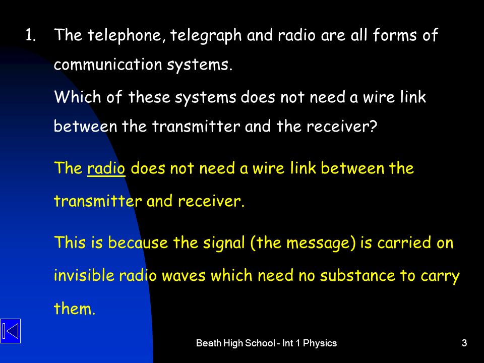 Beath High School - Int 1 Physics3 1.The telephone, telegraph and ...