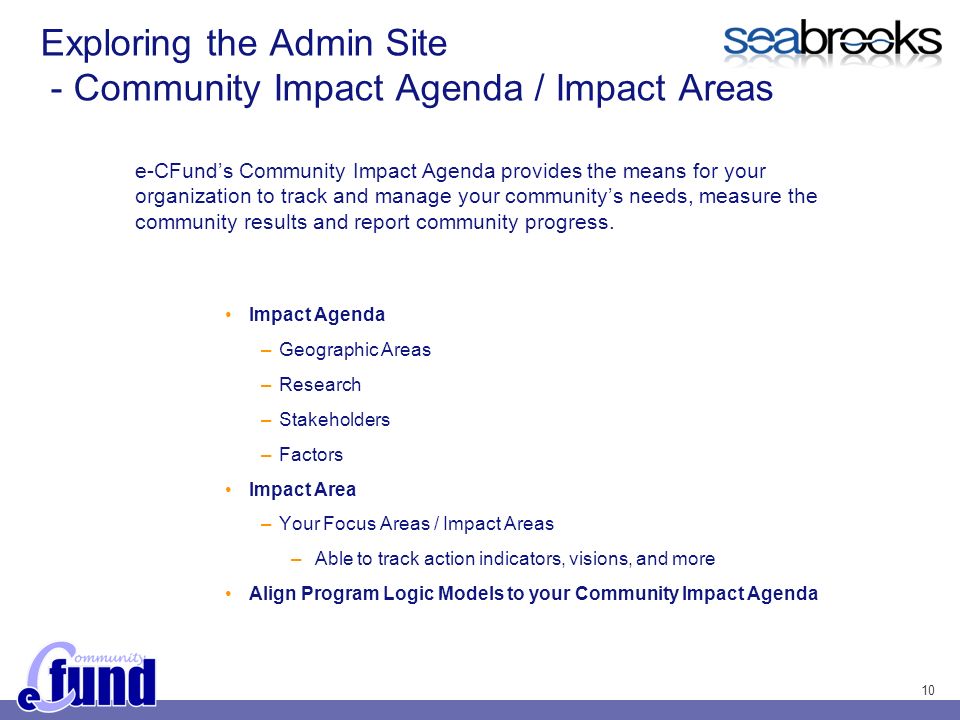 10 Exploring the Admin Site - Community Impact Agenda / Impact Areas Impact Agenda –Geographic Areas –Research –Stakeholders –Factors Impact Area –Your Focus Areas / Impact Areas –Able to track action indicators, visions, and more Align Program Logic Models to your Community Impact Agenda e-CFunds Community Impact Agenda provides the means for your organization to track and manage your communitys needs, measure the community results and report community progress.