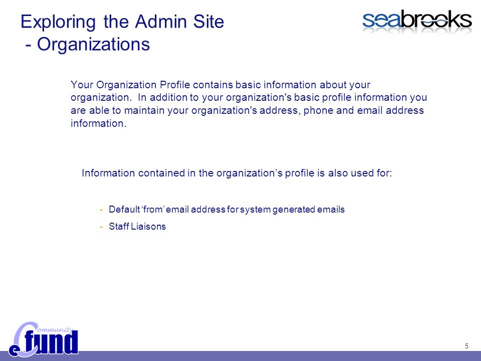 5 Exploring the Admin Site - Organizations Your Organization Profile contains basic information about your organization.