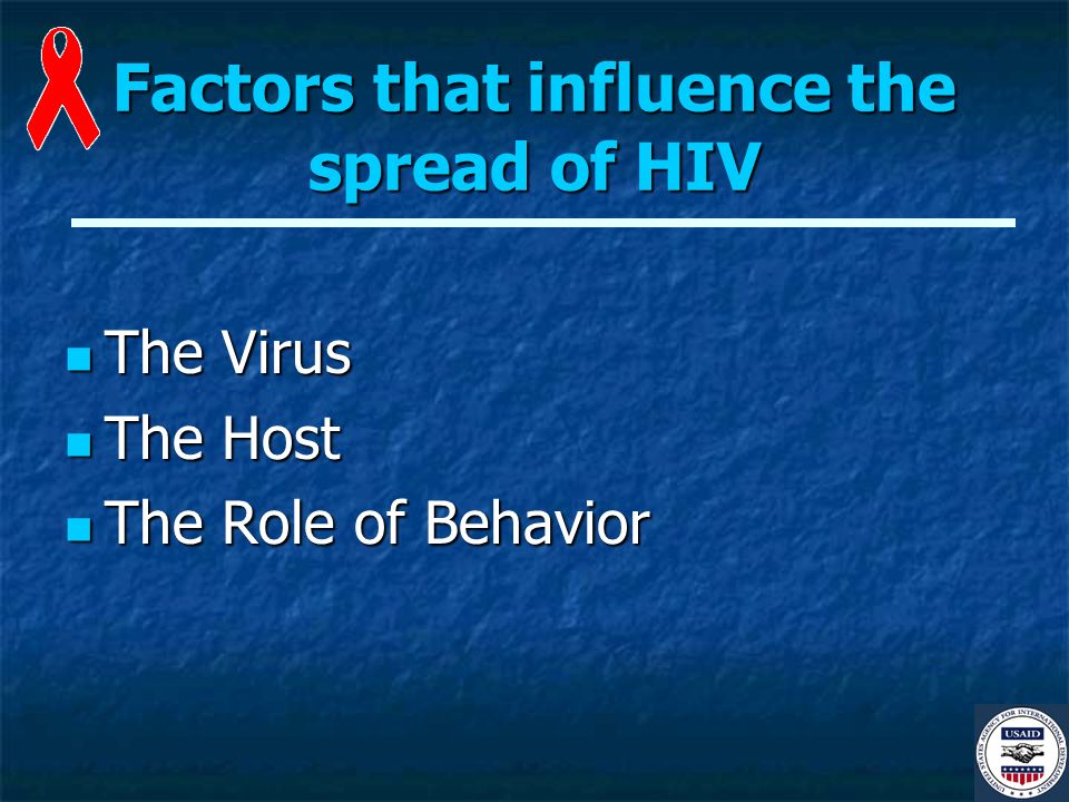 Factors that influence the spread of HIV The Virus The Virus The Host The Host The Role of Behavior The Role of Behavior