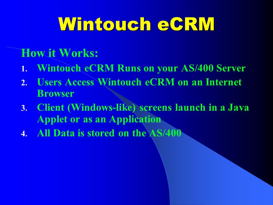 Wintouch eCRM How it Works: 1. Wintouch eCRM Runs on your AS/400 Server 2.