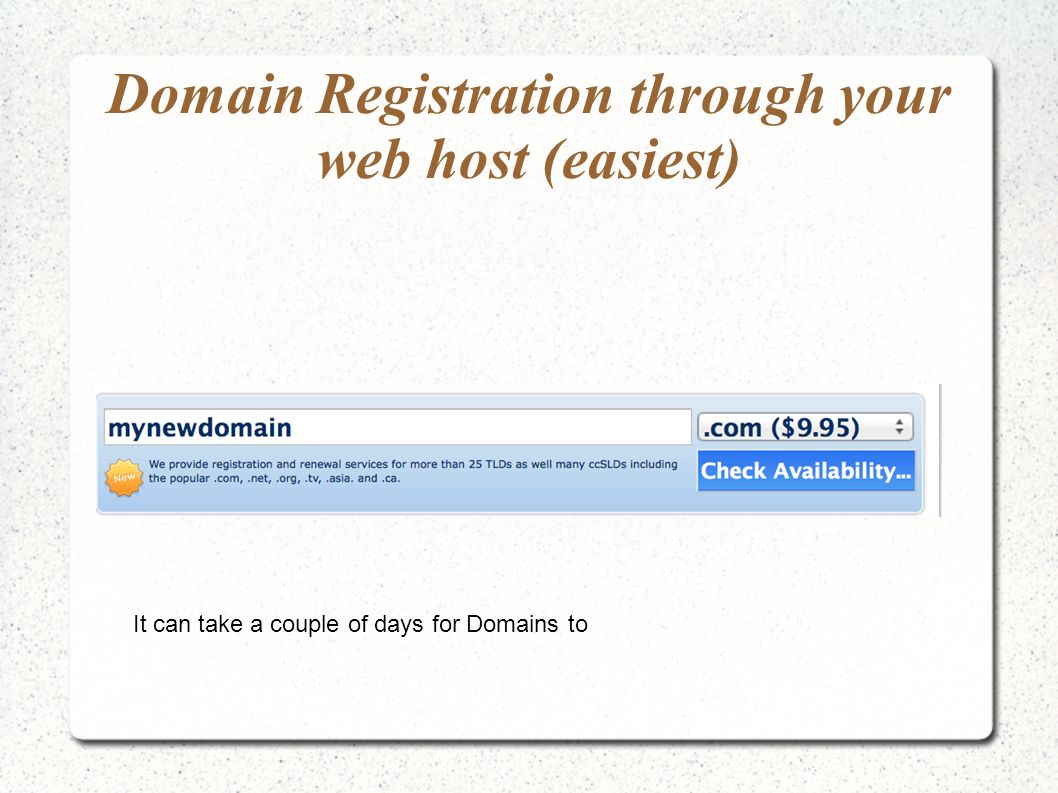 Domain Registration through your web host (easiest) It can take a couple of days for Domains to