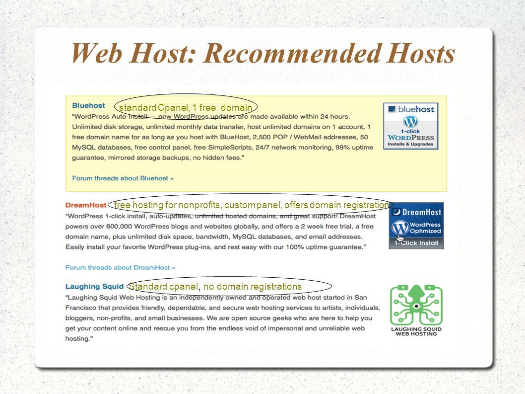 Web Host: Recommended Hosts free hosting for nonprofits, custom panel, offers domain registration standard Cpanel, 1 free domain Standard cpanel, no domain registrations