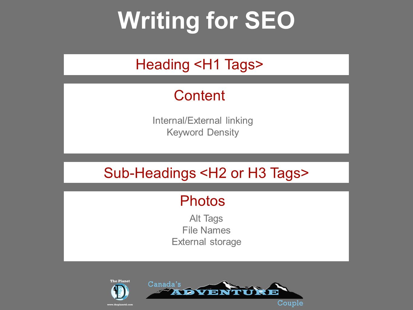 Writing for SEO Heading Content Sub-Headings Photos Internal/External linking Keyword Density Alt Tags File Names External storage