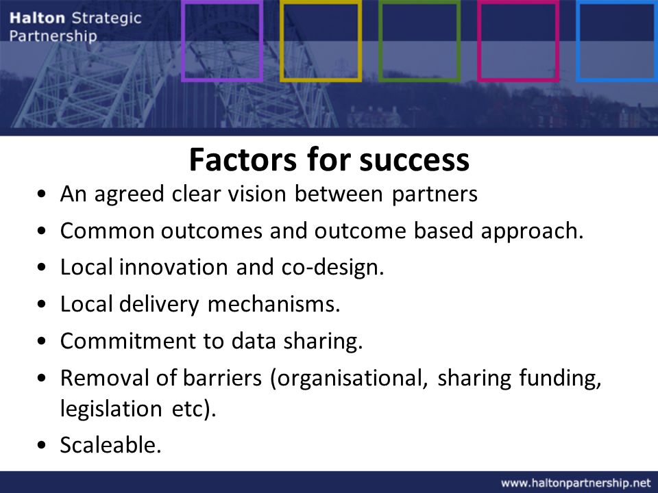 Factors for success An agreed clear vision between partners Common outcomes and outcome based approach.