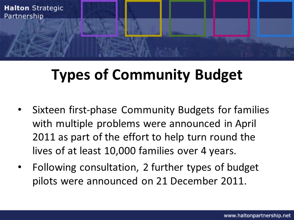 Types of Community Budget Sixteen first-phase Community Budgets for families with multiple problems were announced in April 2011 as part of the effort to help turn round the lives of at least 10,000 families over 4 years.
