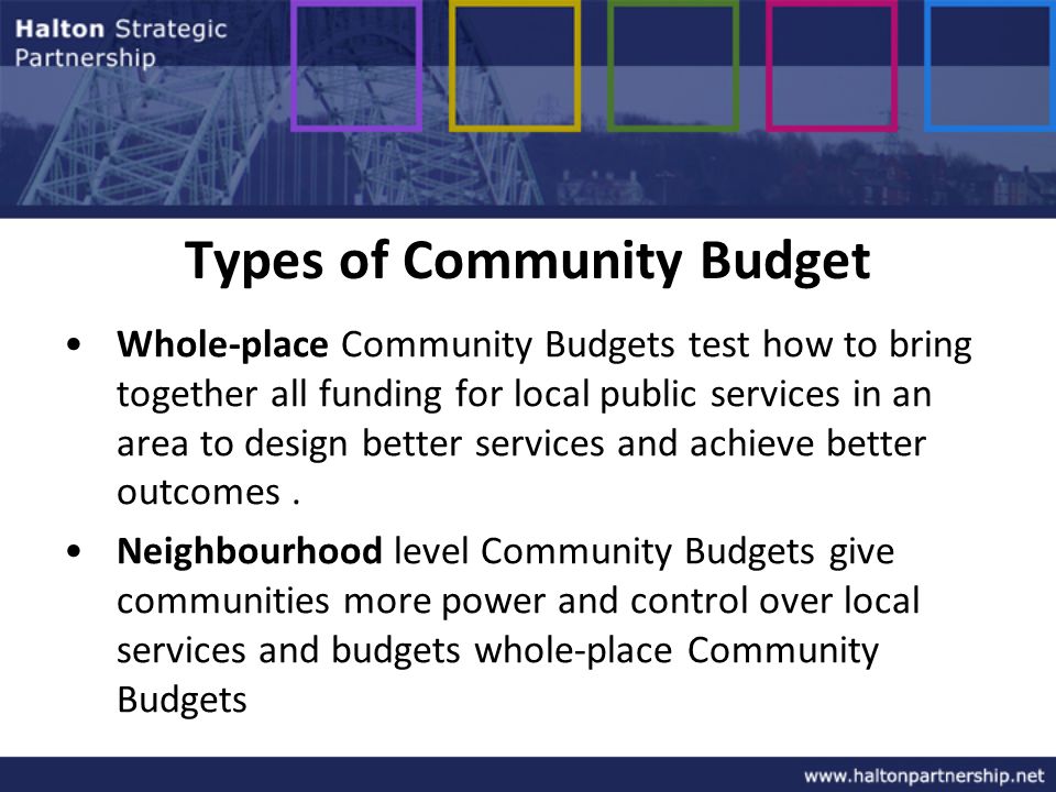 Types of Community Budget Whole-place Community Budgets test how to bring together all funding for local public services in an area to design better services and achieve better outcomes.