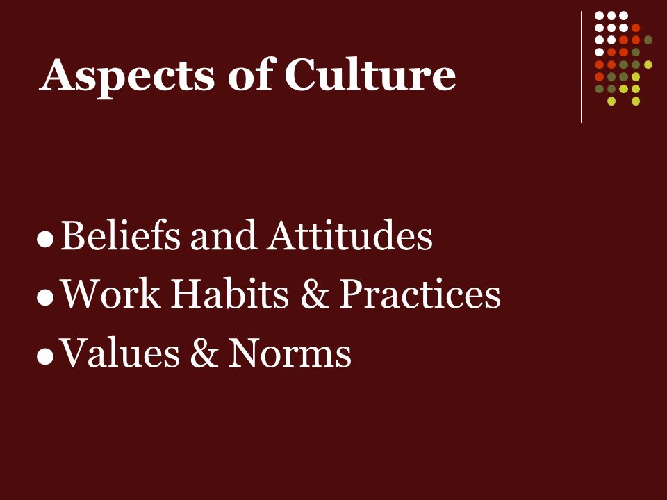 Aspects of Culture Beliefs and Attitudes Work Habits & Practices Values & Norms