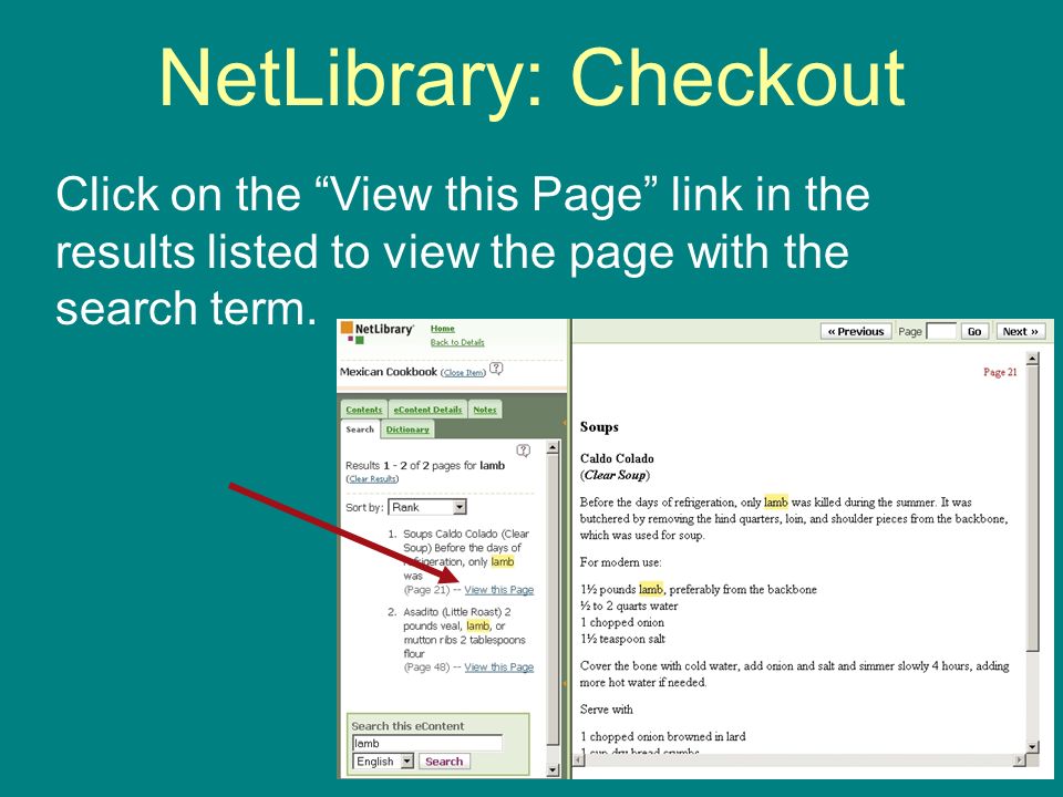 NetLibrary: Checkout Click on the View this Page link in the results listed to view the page with the search term.