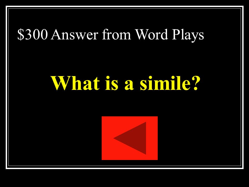 $300 Question from Word Plays A figure of speech that makes a comparison between two unlike things, using a word such as like, as, resembles, or than.