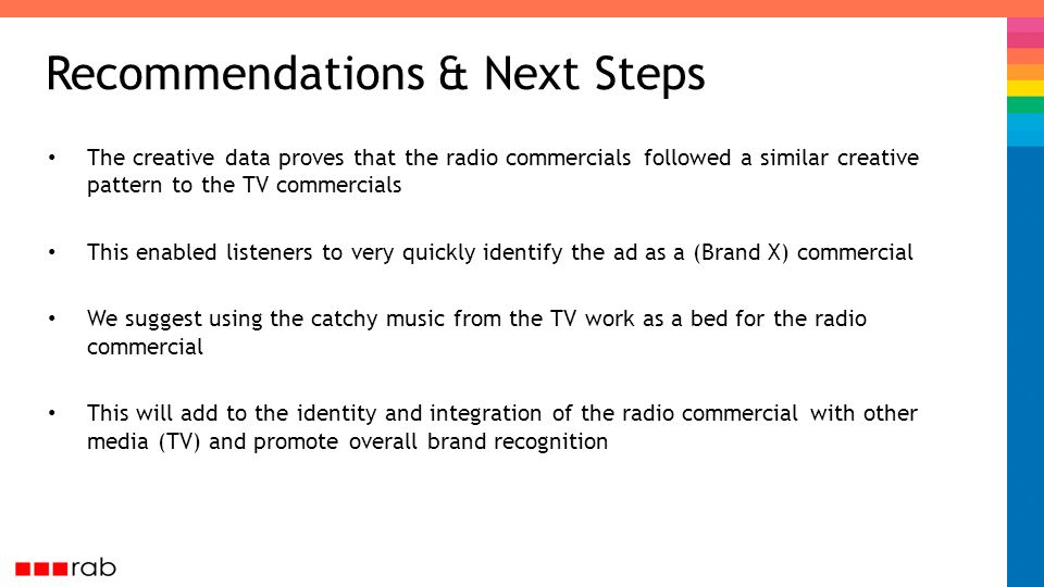The creative data proves that the radio commercials followed a similar creative pattern to the TV commercials This enabled listeners to very quickly identify the ad as a (Brand X) commercial We suggest using the catchy music from the TV work as a bed for the radio commercial This will add to the identity and integration of the radio commercial with other media (TV) and promote overall brand recognition