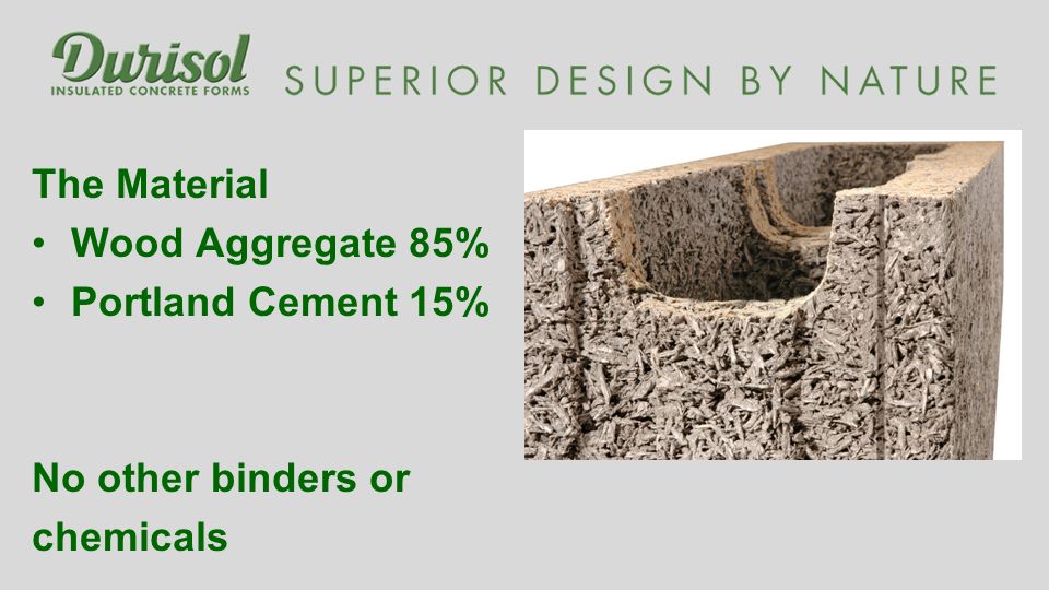 The Material Wood Aggregate 85% Portland Cement 15% No other binders or chemicals