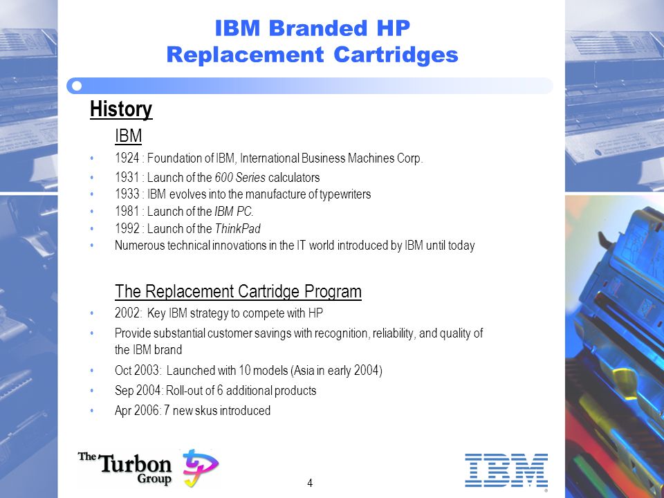 4 IBM Branded HP Replacement Cartridges History IBM 1924 : Foundation of IBM, International Business Machines Corp.
