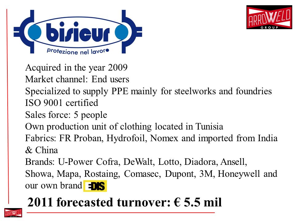 Acquired in the year 2009 Market channel: End users Specialized to supply PPE mainly for steelworks and foundries ISO 9001 certified Sales force: 5 people Own production unit of clothing located in Tunisia Fabrics: FR Proban, Hydrofoil, Nomex and imported from India & China Brands: U-Power Cofra, DeWalt, Lotto, Diadora, Ansell, Showa, Mapa, Rostaing, Comasec, Dupont, 3M, Honeywell and our own brand 2011 forecasted turnover: 5.5 mil