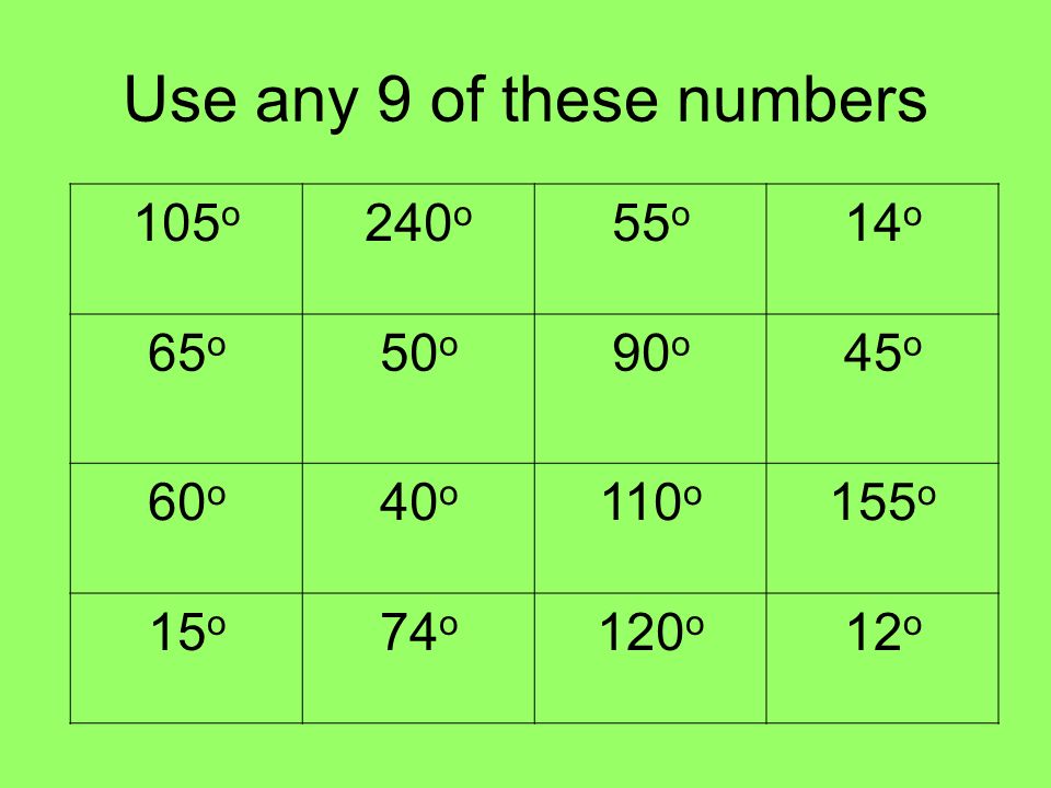 Use any 9 of these numbers 105 o 240 o 55 o 14 o 65 o 50 o 90 o 45 o 60 o 40 o 110 o 155 o 15 o 74 o 120 o 12 o