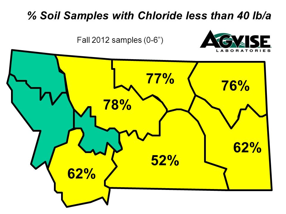 % Soil Samples with Chloride less than 40 lb/a Fall 2012 samples (0-6) 76% 62% 78% 77% 52% 62%