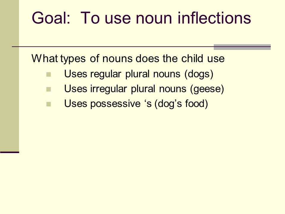 Goal: To use noun inflections What types of nouns does the child use Uses regular plural nouns (dogs) Uses irregular plural nouns (geese) Uses possessive s (dogs food)