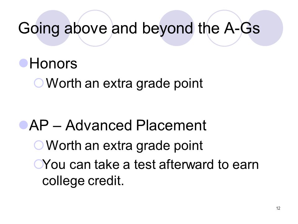 Going above and beyond the A-Gs Honors Worth an extra grade point AP – Advanced Placement Worth an extra grade point You can take a test afterward to earn college credit.