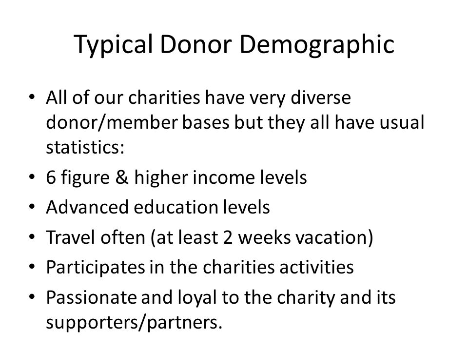 Typical Donor Demographic All of our charities have very diverse donor/member bases but they all have usual statistics: 6 figure & higher income levels Advanced education levels Travel often (at least 2 weeks vacation) Participates in the charities activities Passionate and loyal to the charity and its supporters/partners.