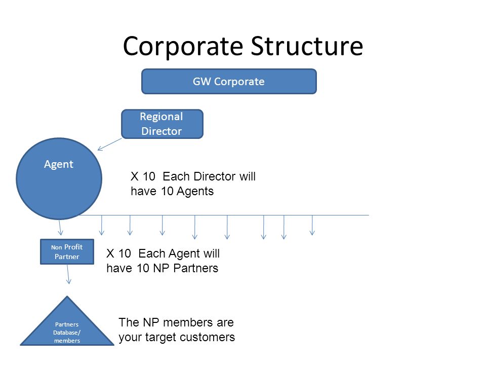 Corporate Structure Agent Non Profit Partner GW Corporate Regional Director Partners Database/ members X 10 Each Director will have 10 Agents X 10 Each Agent will have 10 NP Partners The NP members are your target customers