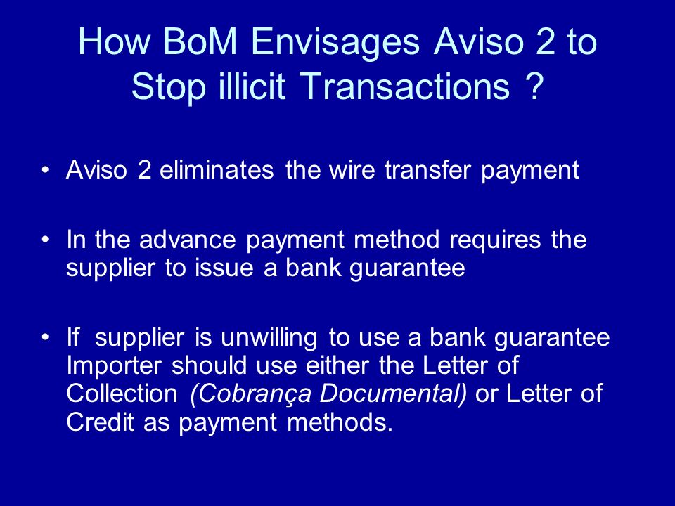 How BoM Envisages Aviso 2 to Stop illicit Transactions .