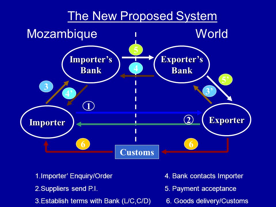 The New Proposed System Mozambique World Importer Exporter Customs 1 2 ImportersBankExportersBank Importer Enquiry/Order 4.