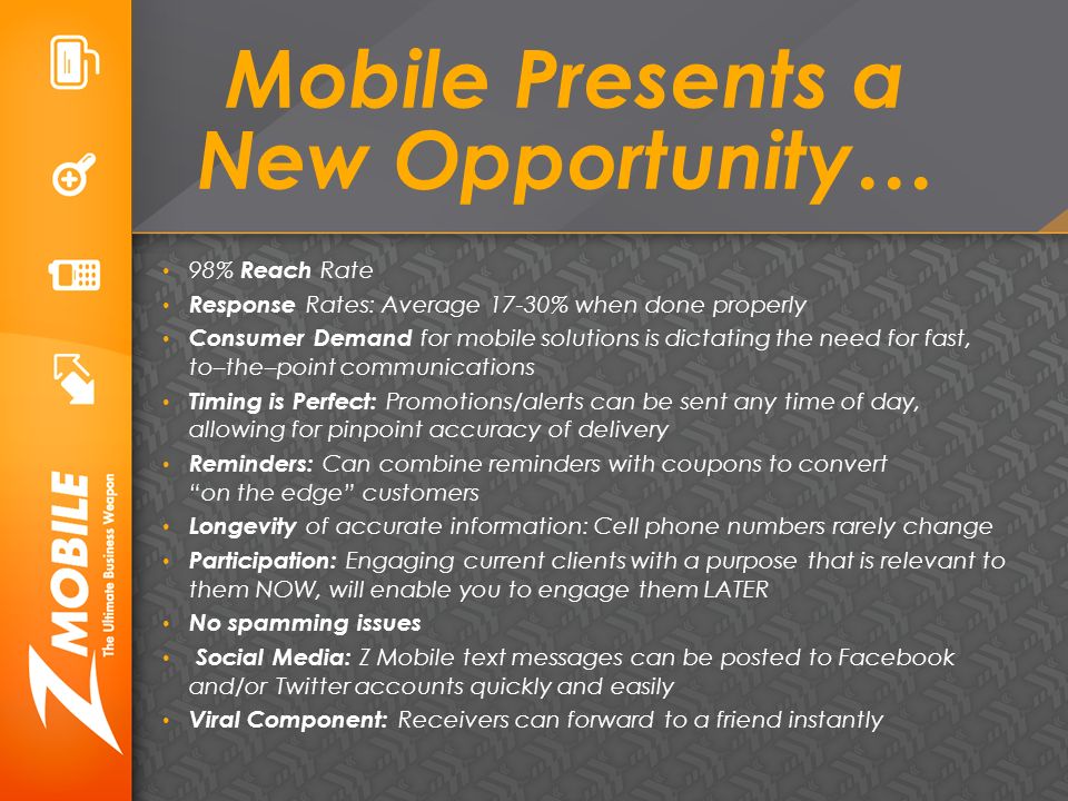 Mobile Presents a New Opportunity… 98% Reach Rate Response Rates: Average 17-30% when done properly Consumer Demand for mobile solutions is dictating the need for fast, to–the–point communications Timing is Perfect: Promotions/alerts can be sent any time of day, allowing for pinpoint accuracy of delivery Reminders: Can combine reminders with coupons to convert on the edge customers Longevity of accurate information: Cell phone numbers rarely change Participation: Engaging current clients with a purpose that is relevant to them NOW, will enable you to engage them LATER No spamming issues Social Media: Z Mobile text messages can be posted to Facebook and/or Twitter accounts quickly and easily Viral Component: Receivers can forward to a friend instantly