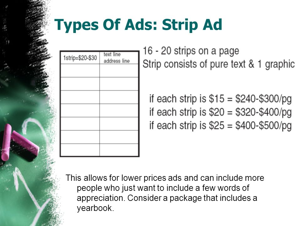 Types Of Ads: Strip Ad This allows for lower prices ads and can include more people who just want to include a few words of appreciation.