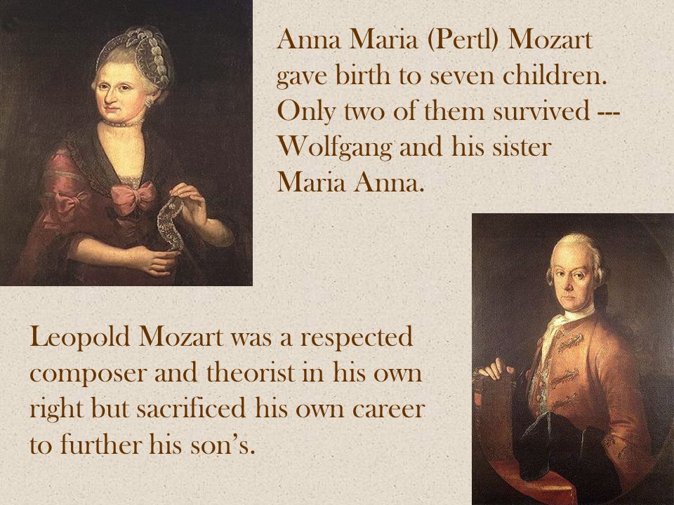 Anna Maria (Pertl) Mozart gave birth to seven children.