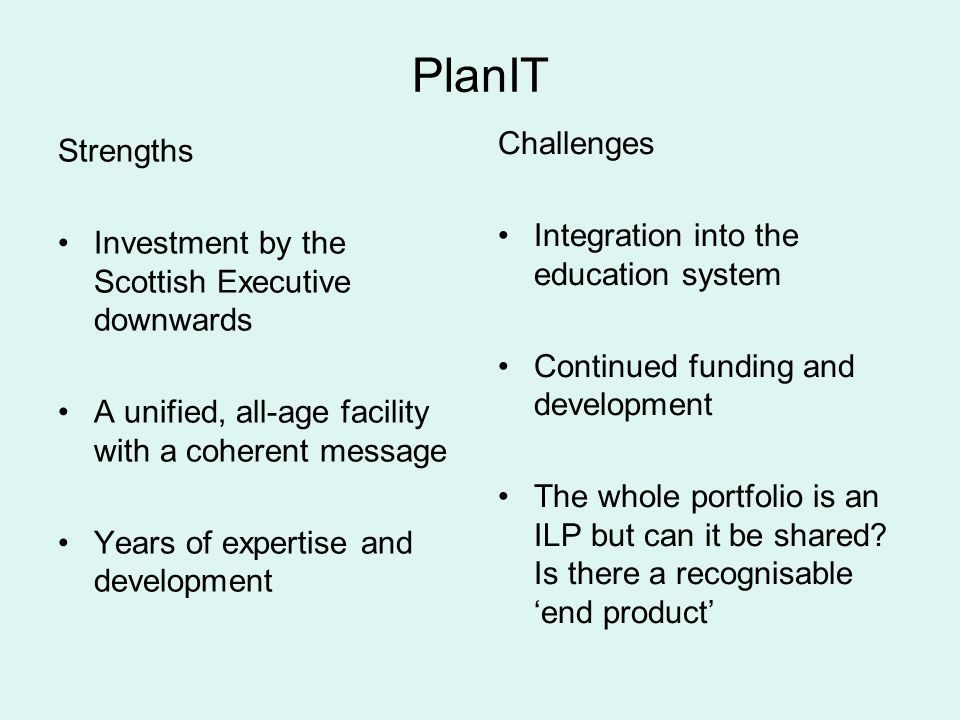 PlanIT Strengths Investment by the Scottish Executive downwards A unified, all-age facility with a coherent message Years of expertise and development Challenges Integration into the education system Continued funding and development The whole portfolio is an ILP but can it be shared.
