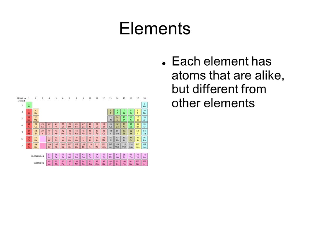 Elements Each element has atoms that are alike, but different from other elements
