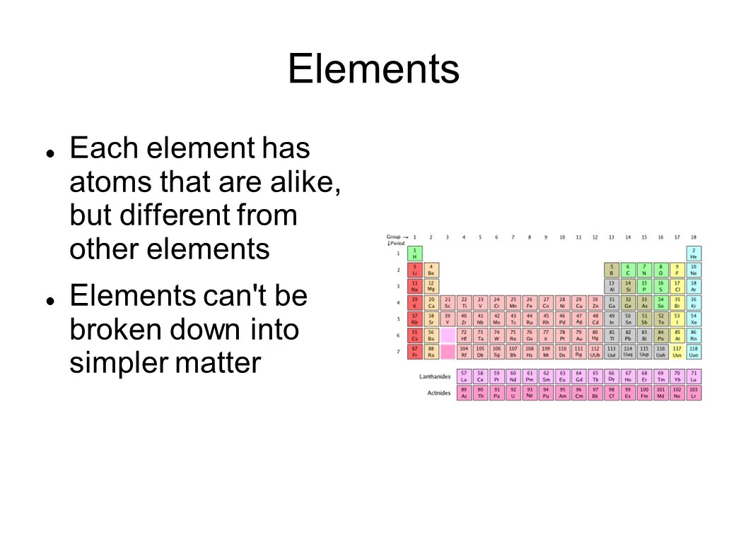 Elements Each element has atoms that are alike, but different from other elements Elements can t be broken down into simpler matter