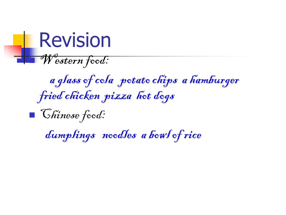 Revision Western food: a glass of cola potato chips a hamburger fried chicken pizza hot dogs Chinese food: dumplings noodles a bowl of rice