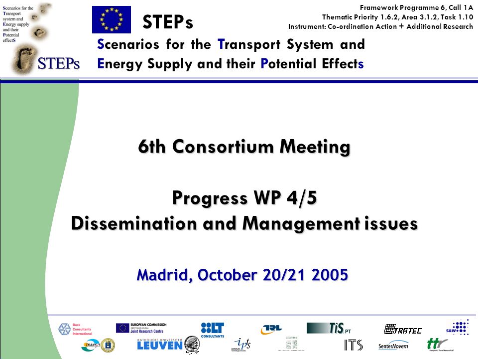 STEPs Scenarios for the Transport System and Energy Supply and their Potential Effects Framework Programme 6, Call 1A Thematic Priority 1.6.2, Area 3.1.2, Task 1.10 Instrument: Co-ordination Action + Additional Research 6th Consortium Meeting Progress WP 4/5 Dissemination and Management issues Madrid, October 20/