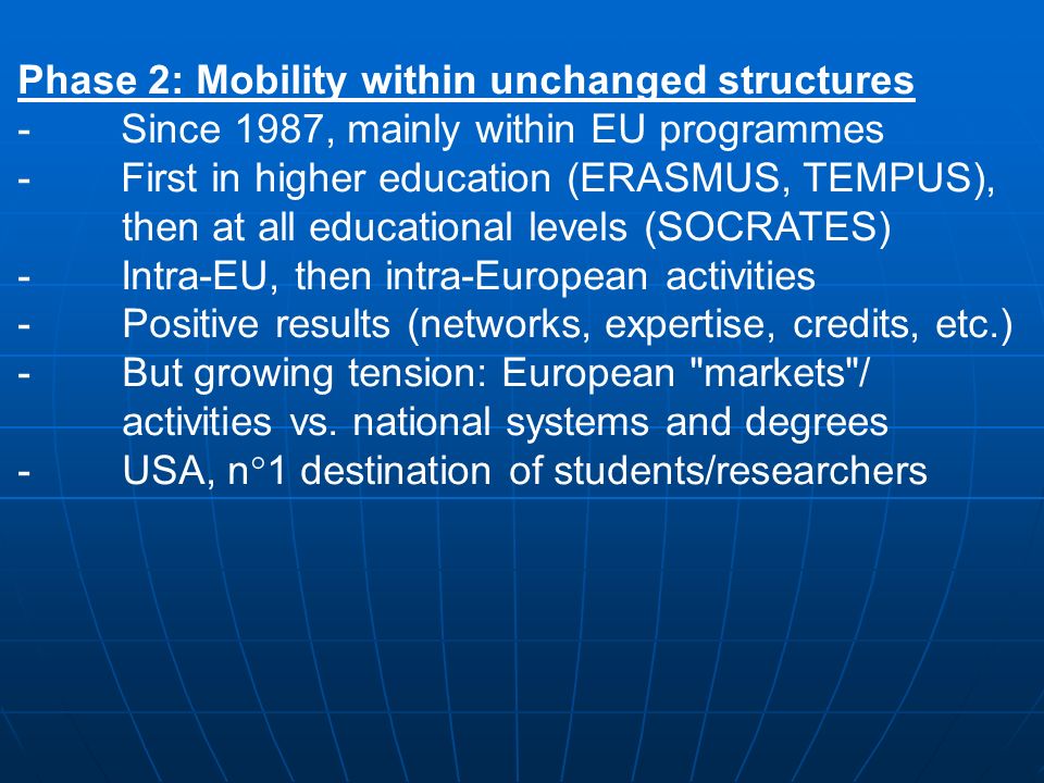 Phase 2: Mobility within unchanged structures - Since 1987, mainly within EU programmes - First in higher education (ERASMUS, TEMPUS), then at all educational levels (SOCRATES) - Intra-EU, then intra-European activities -Positive results (networks, expertise, credits, etc.) -But growing tension: European markets / activities vs.