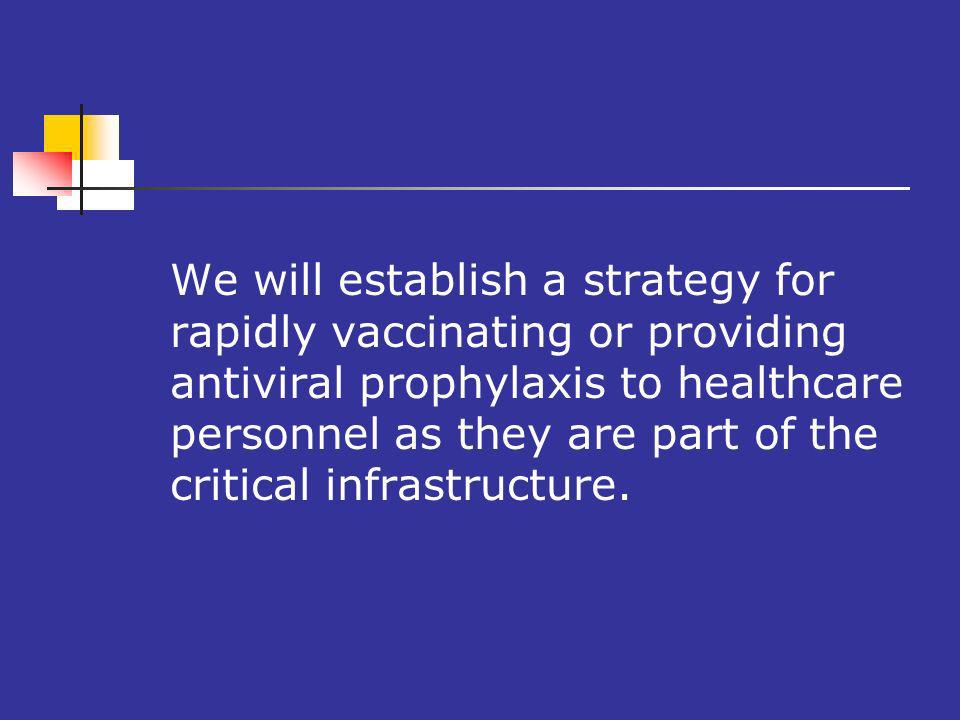 We will establish a strategy for rapidly vaccinating or providing antiviral prophylaxis to healthcare personnel as they are part of the critical infrastructure.