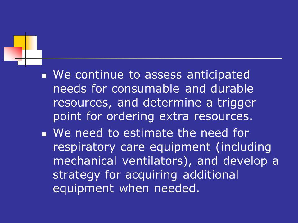 We continue to assess anticipated needs for consumable and durable resources, and determine a trigger point for ordering extra resources.