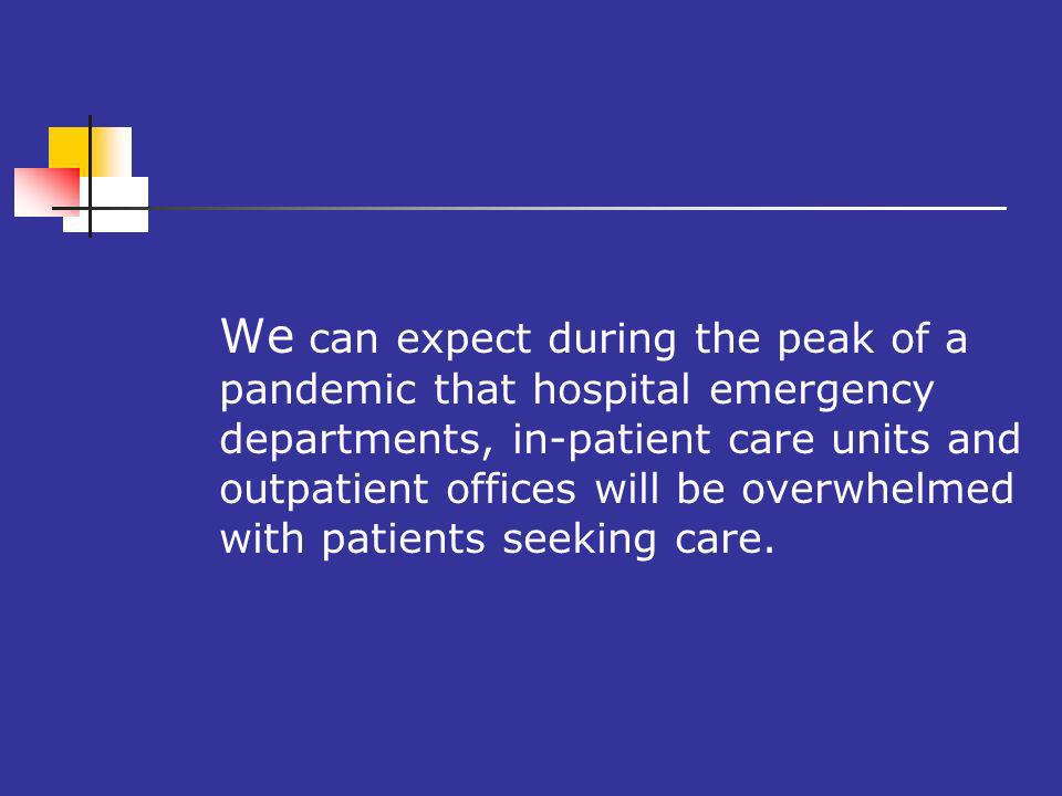 We can expect during the peak of a pandemic that hospital emergency departments, in-patient care units and outpatient offices will be overwhelmed with patients seeking care.