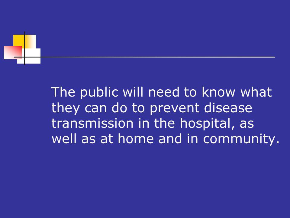 The public will need to know what they can do to prevent disease transmission in the hospital, as well as at home and in community.