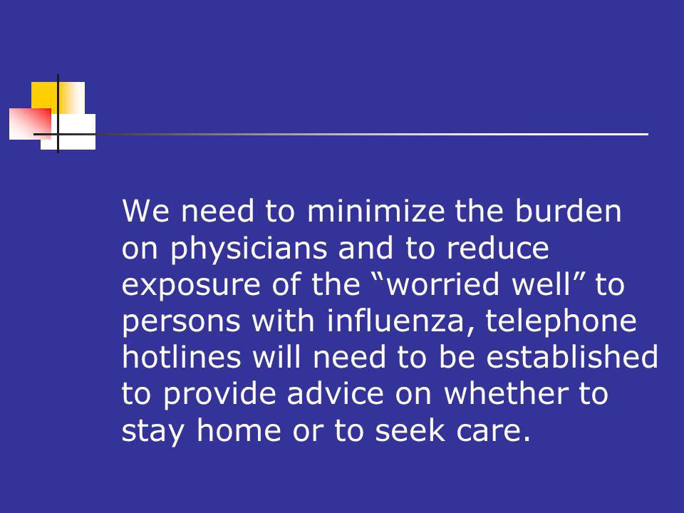 We need to minimize the burden on physicians and to reduce exposure of the worried well to persons with influenza, telephone hotlines will need to be established to provide advice on whether to stay home or to seek care.